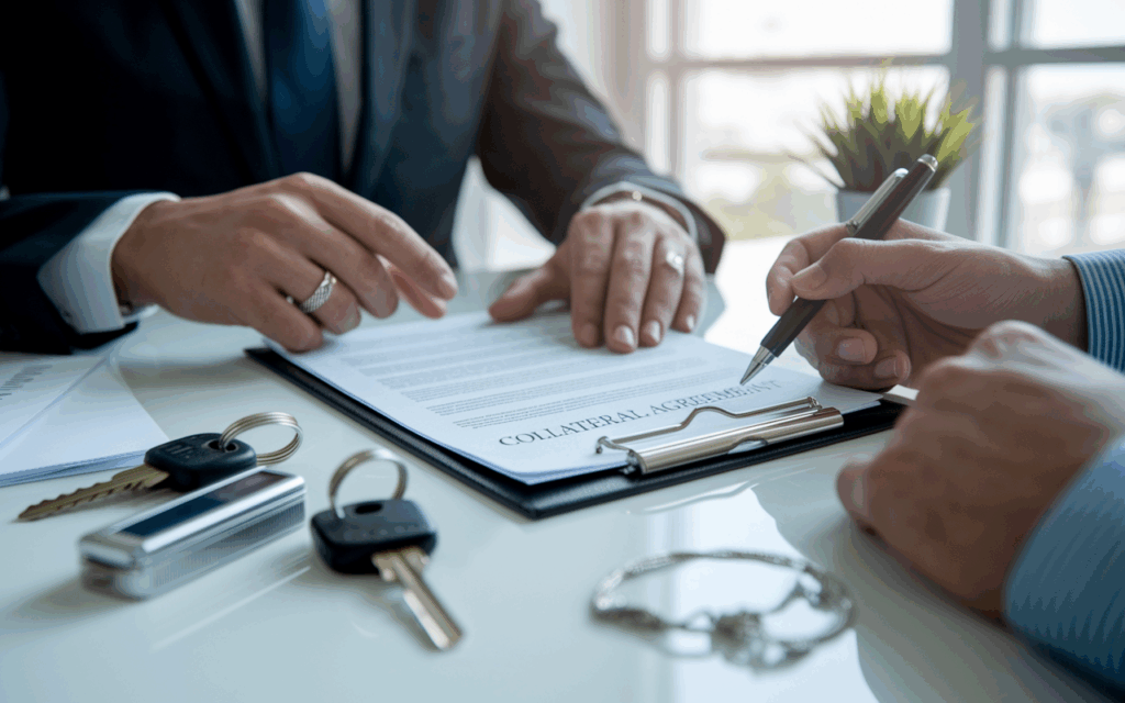 professional bail bond agent and a client reviewing a “Collateral Agreement” document at a desk. 