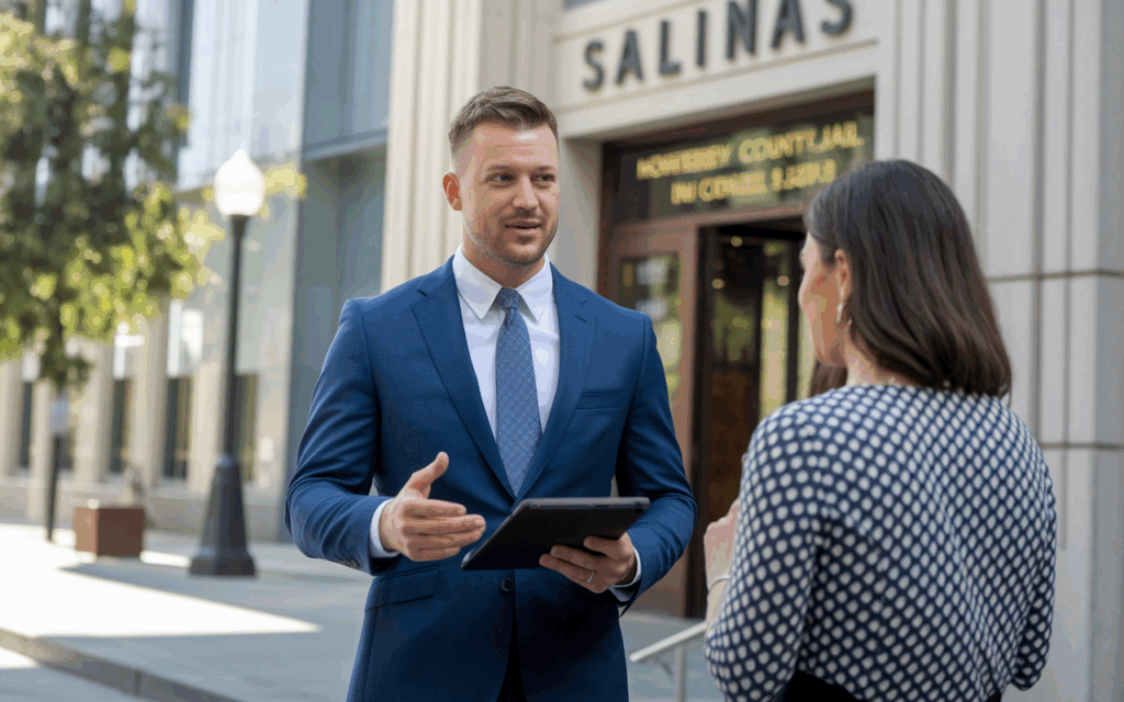 A local bail bond agent standing outside the Salinas Courthouse or Monterey County Jail, professionally dressed and speaking with a client.
