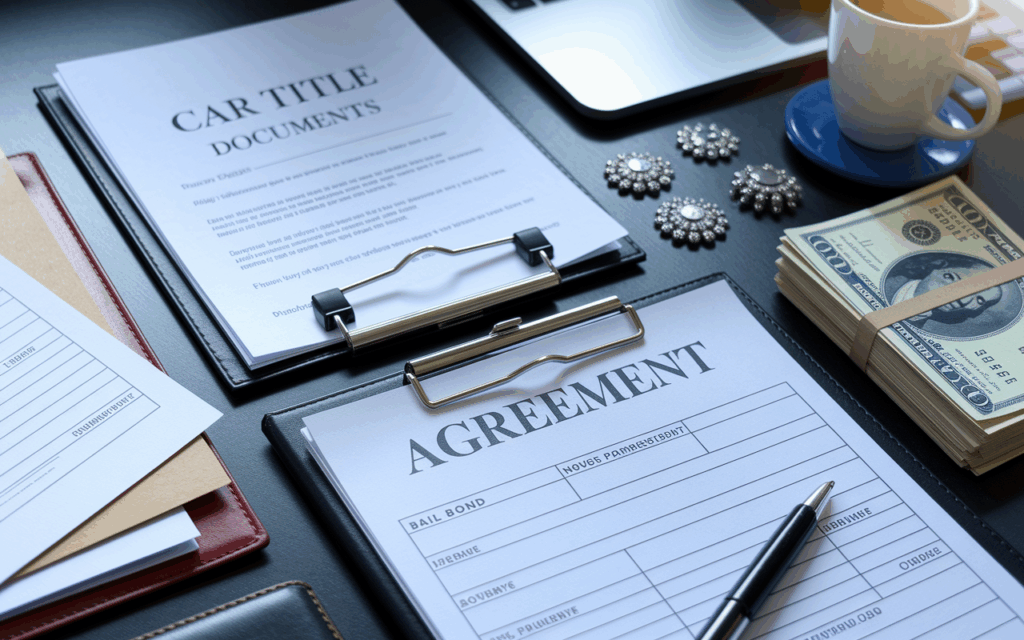 types of collateral displayed: car title documents, house deed paperwork, valuable jewelry, and a stack of savings bonds