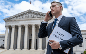 A licensed bail bond agent standing outside a San Diego courthouse