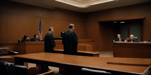 a somber courtroom with a judge, a defendant at a table, and a bailiff standing nearby.