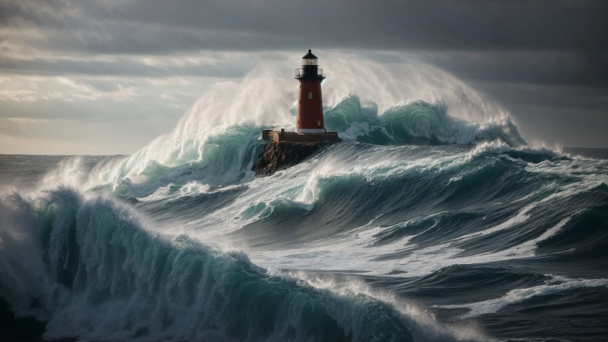 a lighthouse standing firm amidst turbulent sea waves.