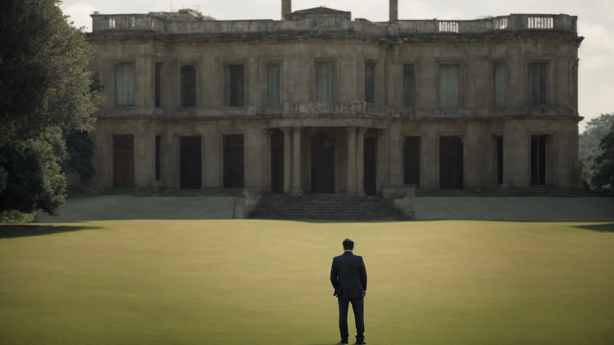a solemn individual stands before a vast estate, contemplating its use as collateral in a high-stakes setting.