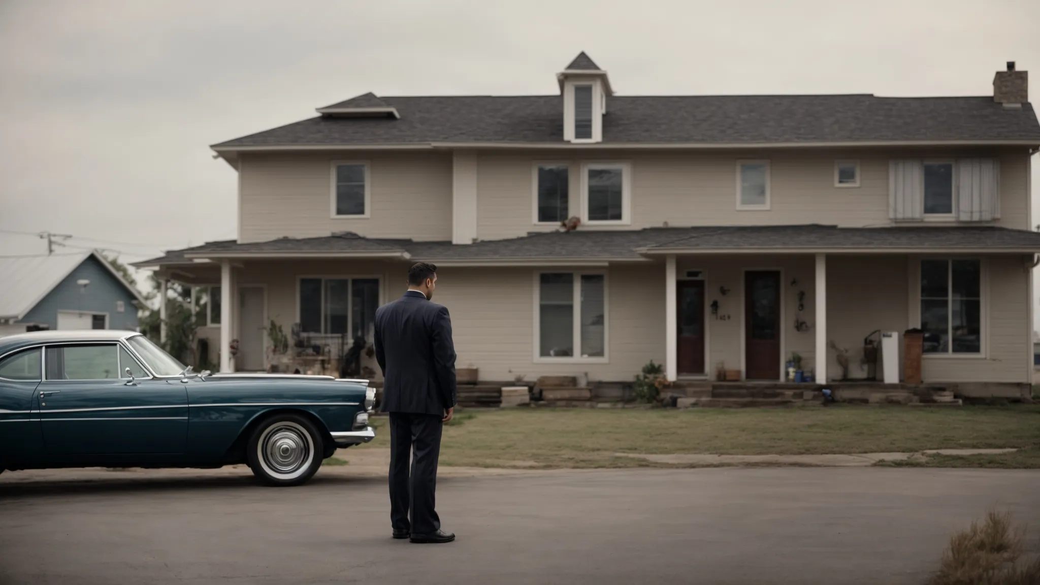 a somber individual stands beside a house, a car, and a safe, all silently awaiting valuation by a scrutinizing bail bondsman.