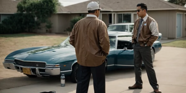 a defendant speaking with a bail bonds agent beside assets like a car and house.