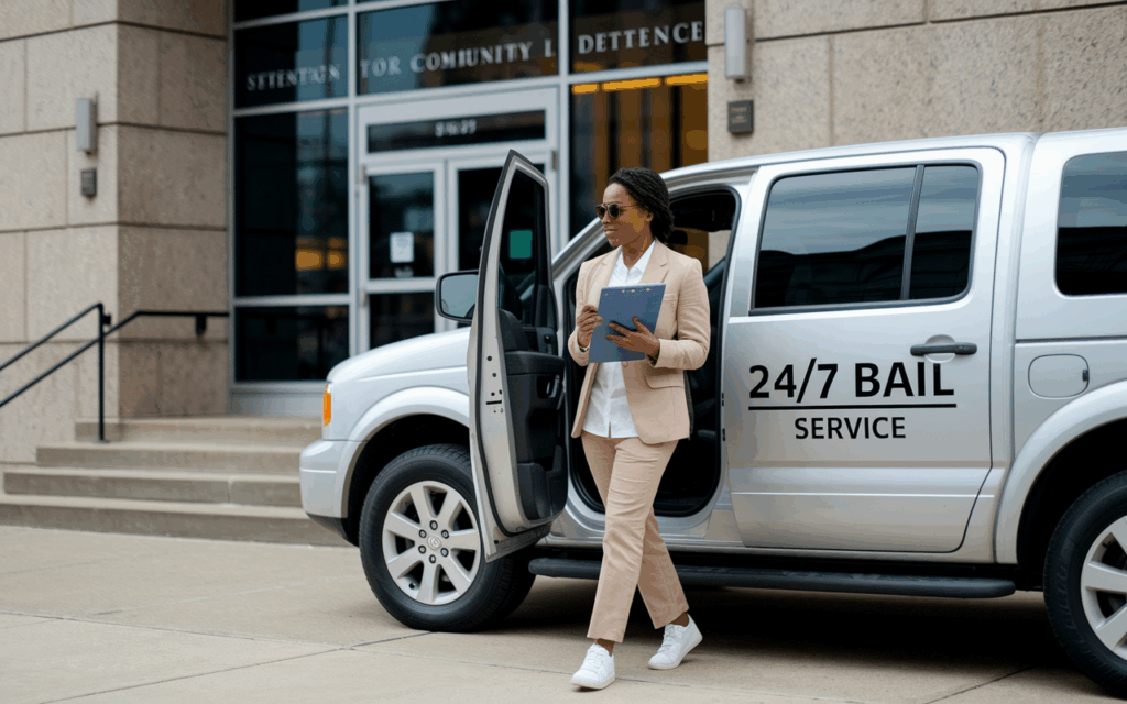 A bail bond agent stepping out of a marked vehicle labeled 24/7 Bail Service
