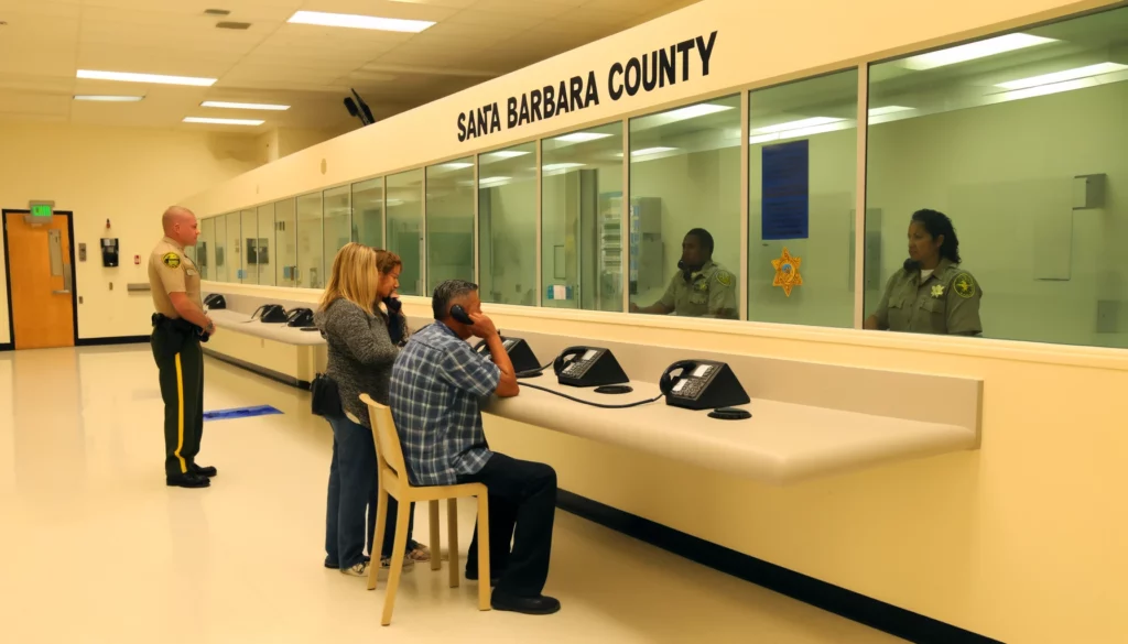 visitation room with a glass partition separating visitors from inmates, with visitors sitting at a counter and communicating via telephones. 