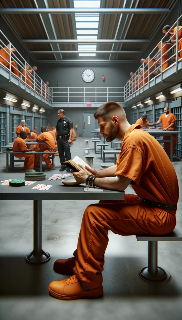 inmate in an orange jumpsuit sits at a metal table, reading a book, while other inmates engage in various activities like playing cards or watching TV.