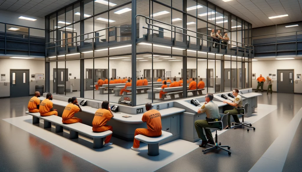 modern visiting room with a glass partition separating inmates from visitors.