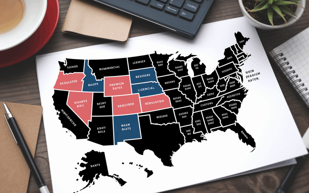 map of the United States with several states highlighted in varying colors to indicate differing bail bond regulations