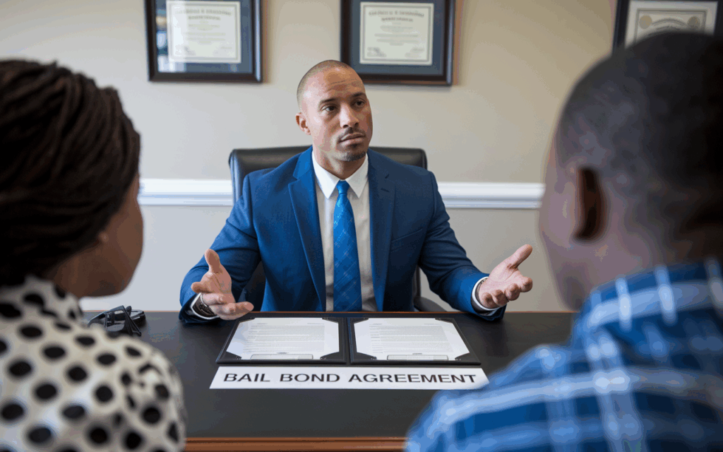 A professional bail bondsman sitting at a desk in a well-lit office, explaining the bail process to a concerned family. 