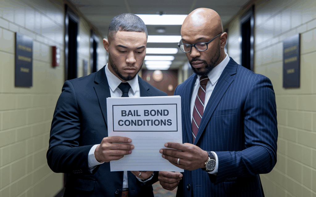 A defendant and their attorney reviewing a bail bond condition sheet in a courtroom hallway.