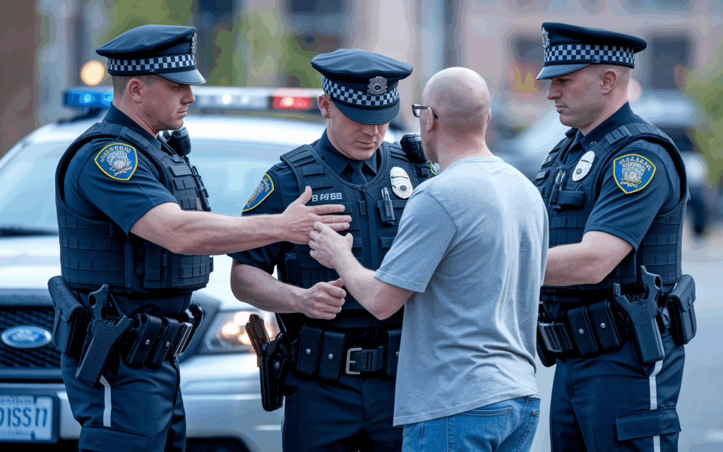  uniformed arresting officers conducting a calm arrest during daylight hours. 