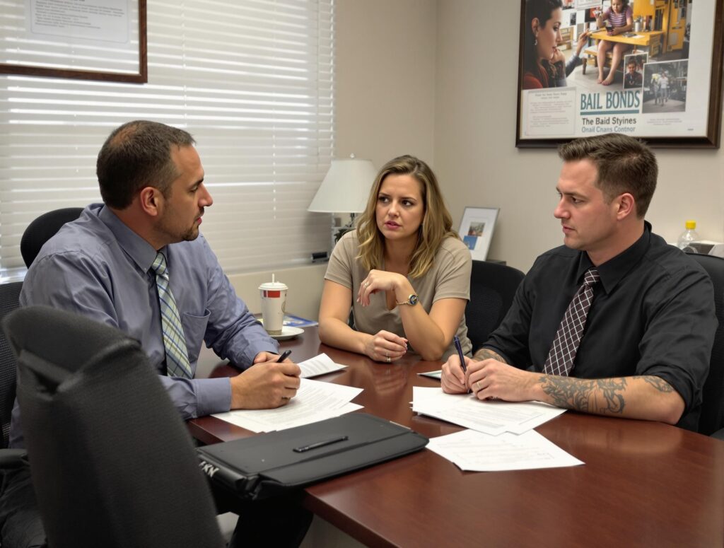 A bail bond agent meeting with a concerned family in an office setting, discussing paperwork and options.
