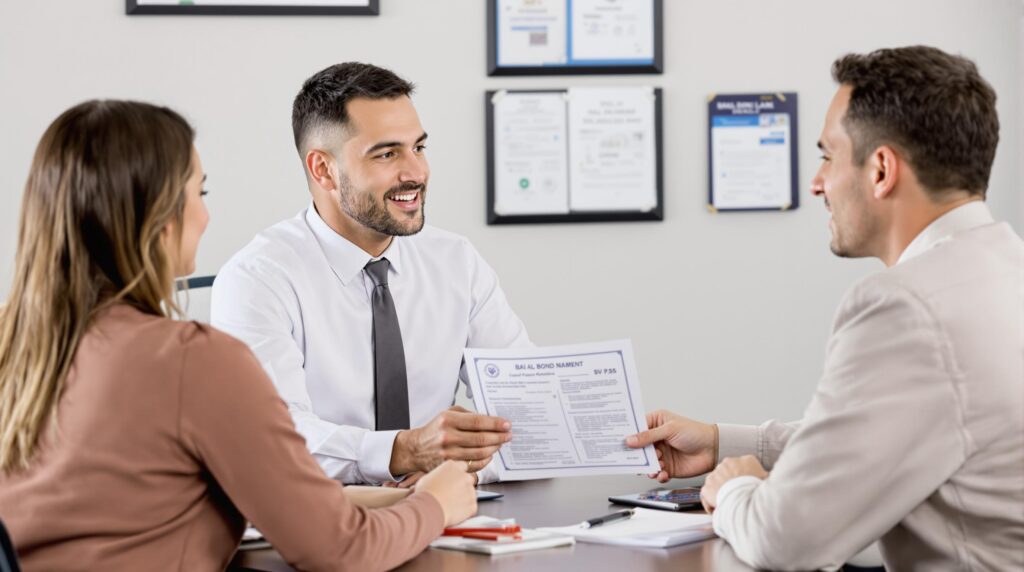 professional bail bond agent behind a desk speaking calmly with a family, handing them informative paperwork. 