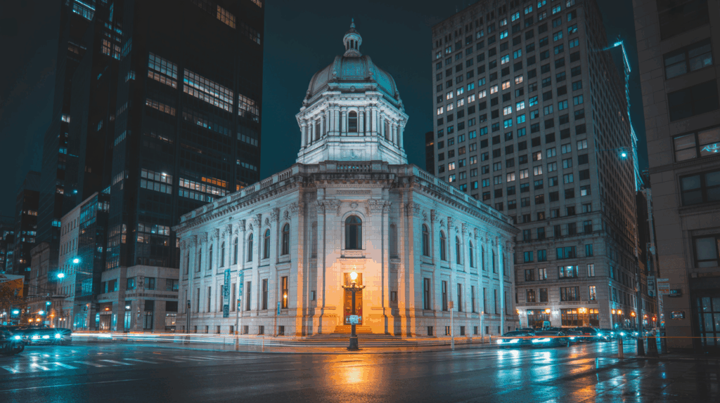 A glowing city skyline at night with a courthouse building in the foreground