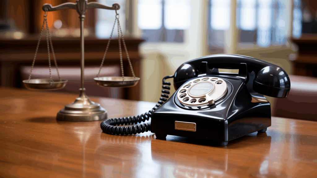 “A classic telephone resting on a polished courthouse table beside justice scales, symbolizing Bright Bail Bonds’ 24/7 availability across California.