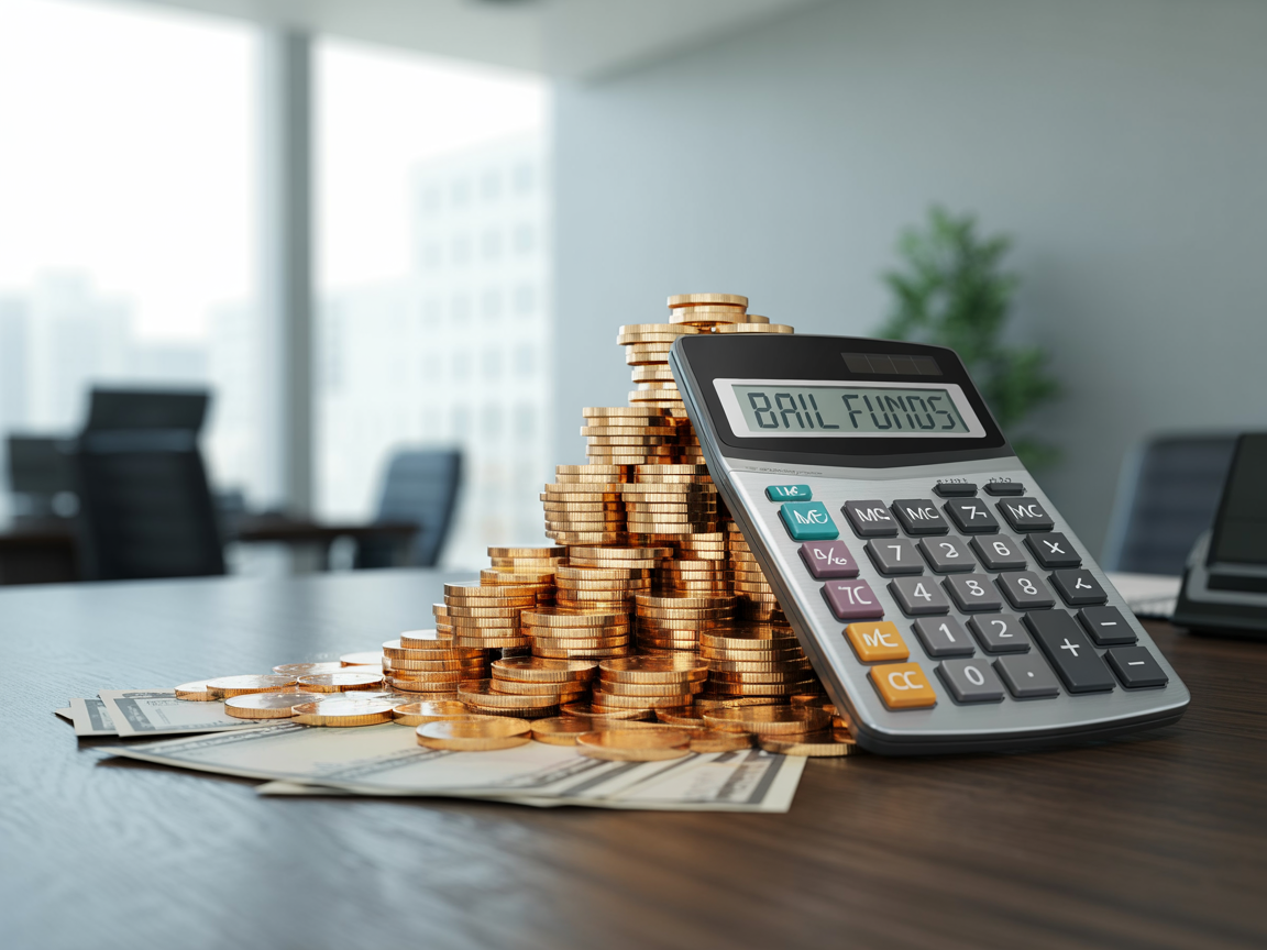 Stacks of coins with a calculator representing flexible financial planning for bail payments.