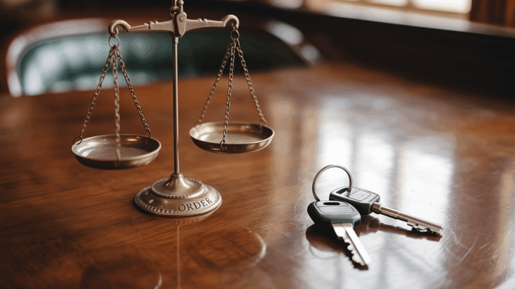 Balanced scales of justice positioned beside a set of car keys on a polished desk