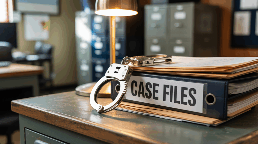 handcuffs resting beside a stack of documents and legal files on a police station desk