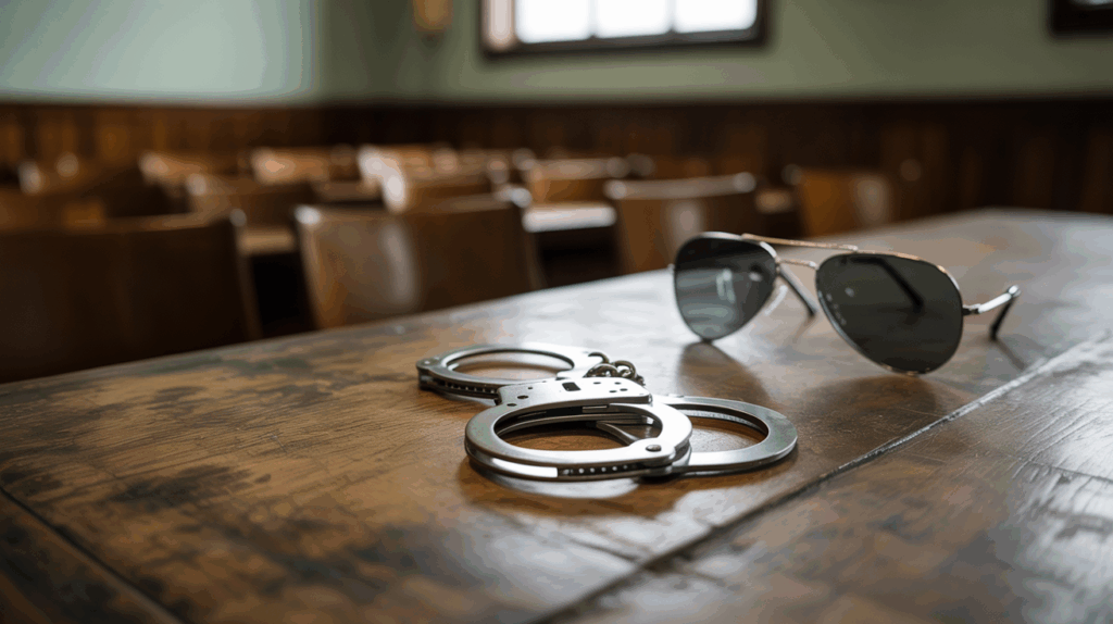 andcuffs on a Wooden Courthouse Table with Summer Sunglasses Nearby
