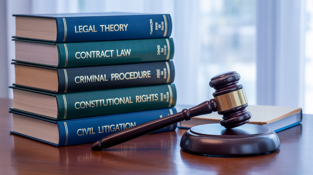 Hardcover textbooks stacked neatly on a desk with a wooden gavel placed next to them, combining themes of education and law.