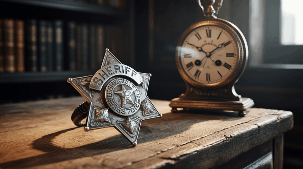 A sheriff’s badge placed next to a clock reading late evening hours, reflecting the urgency of having prompt bail bond support during summer peak arrest periods.