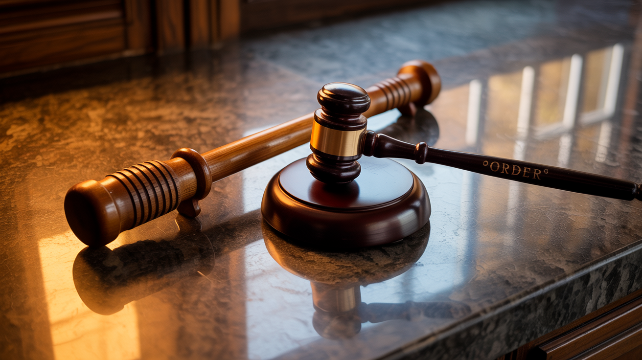 Policeman’s nightstick and a courthouse gavel on a countertop lit by late summer dusk