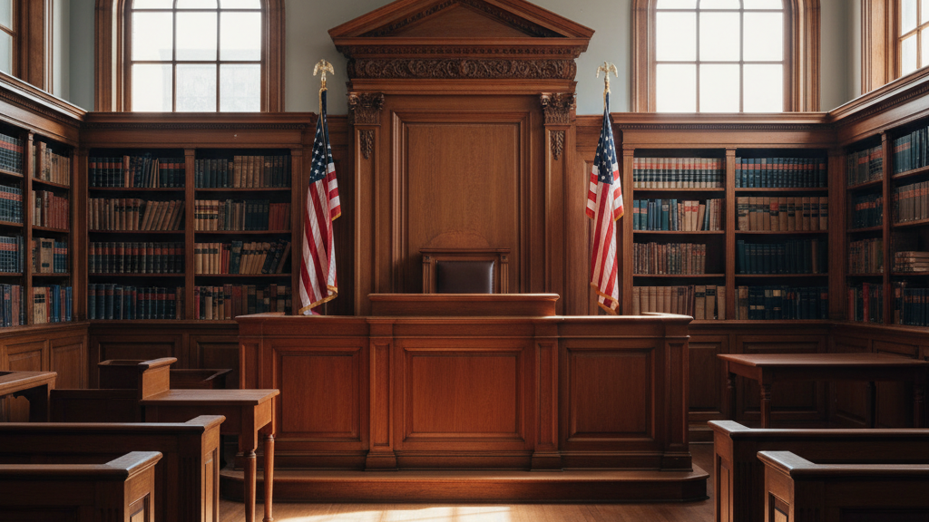 Courtroom interior showing judge’s bench, flags, and legal books on side shelves