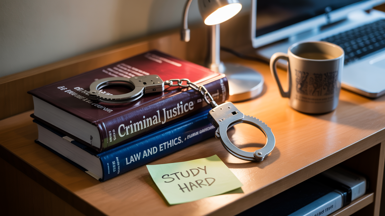 Handcuffs resting beside a stack of college textbooks on a dormitory desk, symbolizing potential legal issues during college season and the necessity of bail bond readiness for parents.