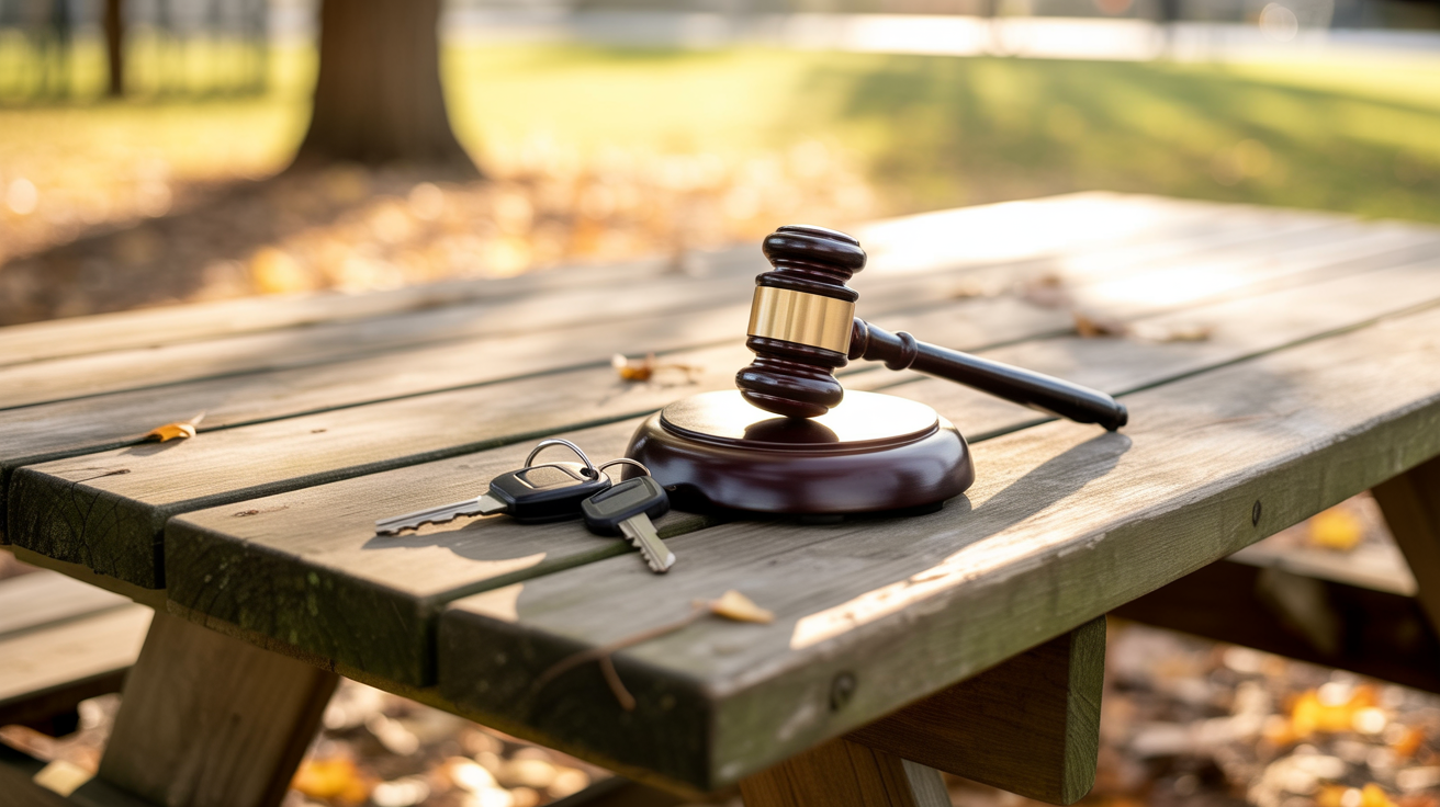 Police lights shining across a gavel and August–September calendar, illustrating increased arrests on Labor Day weekend and the need for 24/7 bail bonds in California.