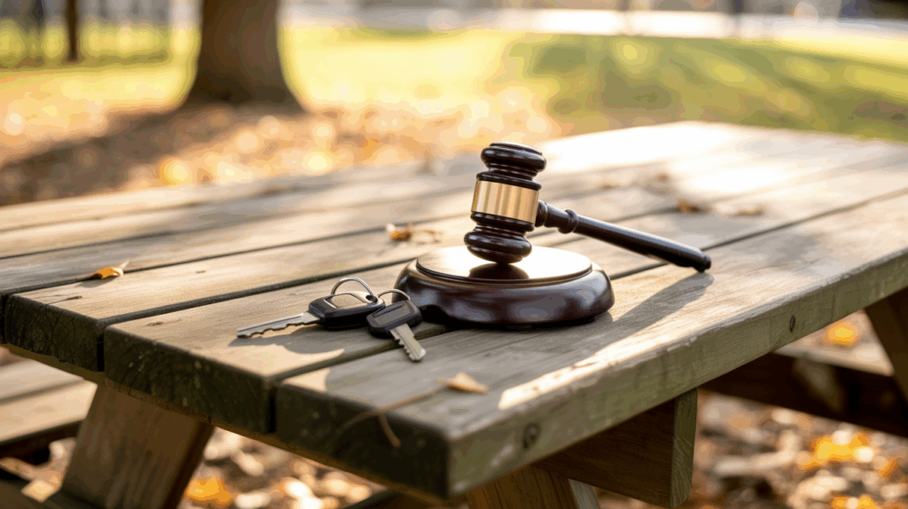 Judge’s gavel and car keys on a picnic table, symbolizing Labor Day bail bonds and the legal risks of DUI during holiday celebrations.