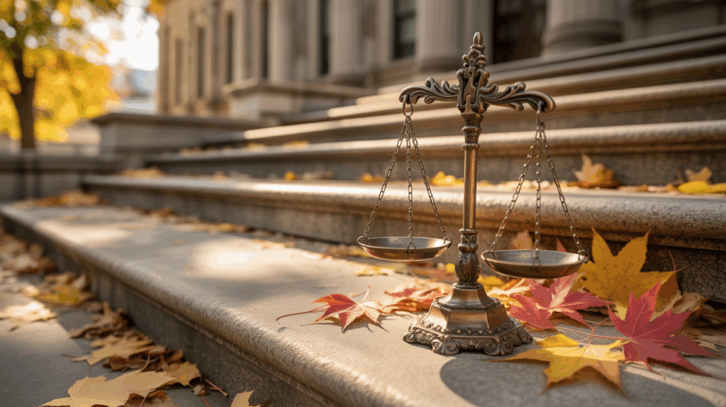 Scales of justice positioned beside scattered autumn leaves on courthouse steps, representing September arrest hotspots and late-summer legal activity.”