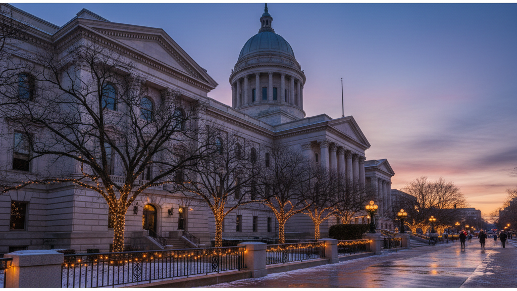 Exterior of a courthouse with subtle holiday decorations