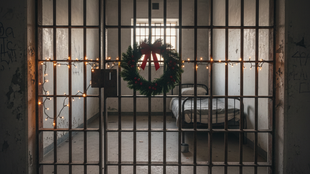 "Empty jail cell with subtle holiday decorations, illustrating arrests during December.