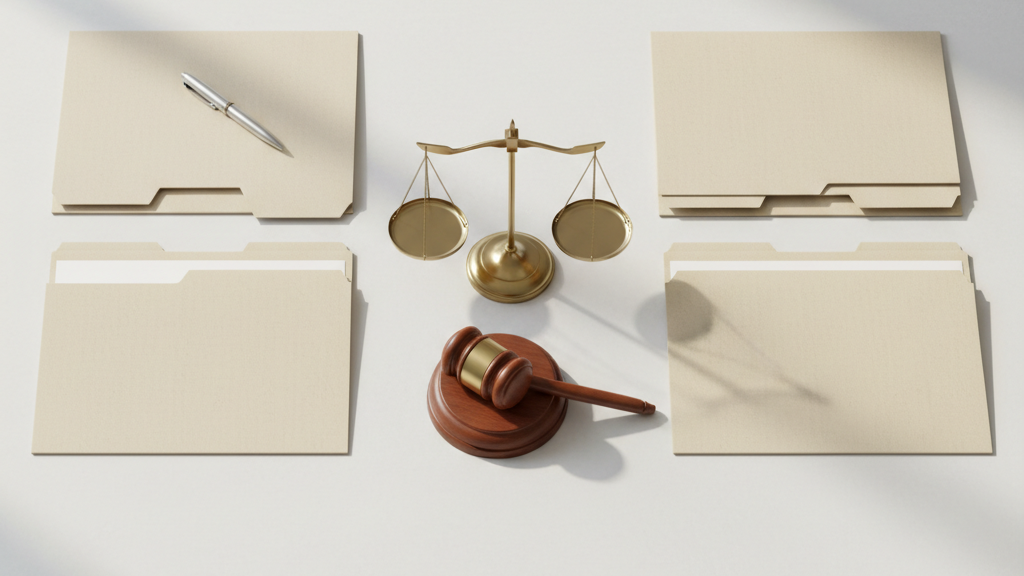 Legal documents, scales of justice, and gavel representing the bail process and court procedures