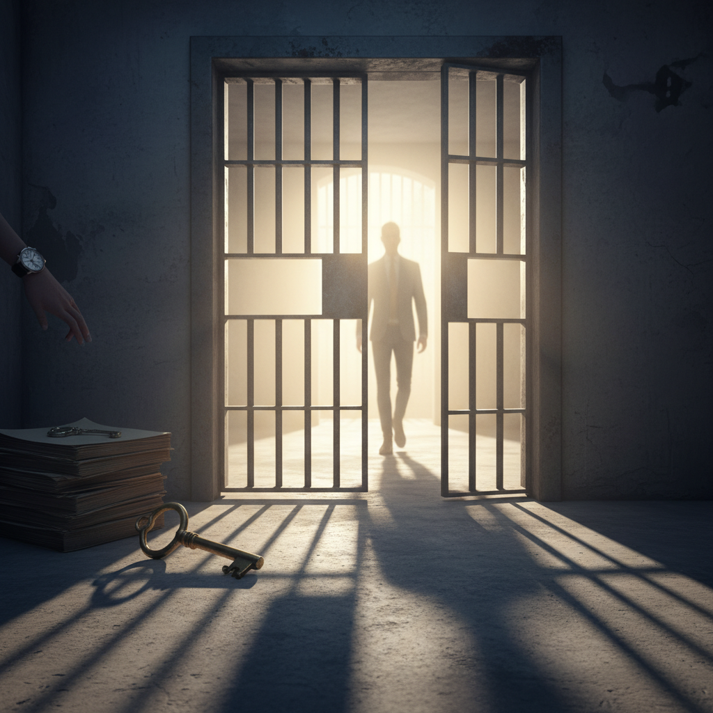 Person released from jail after bail. Bail bonds, jail release, posting bail, freedom.