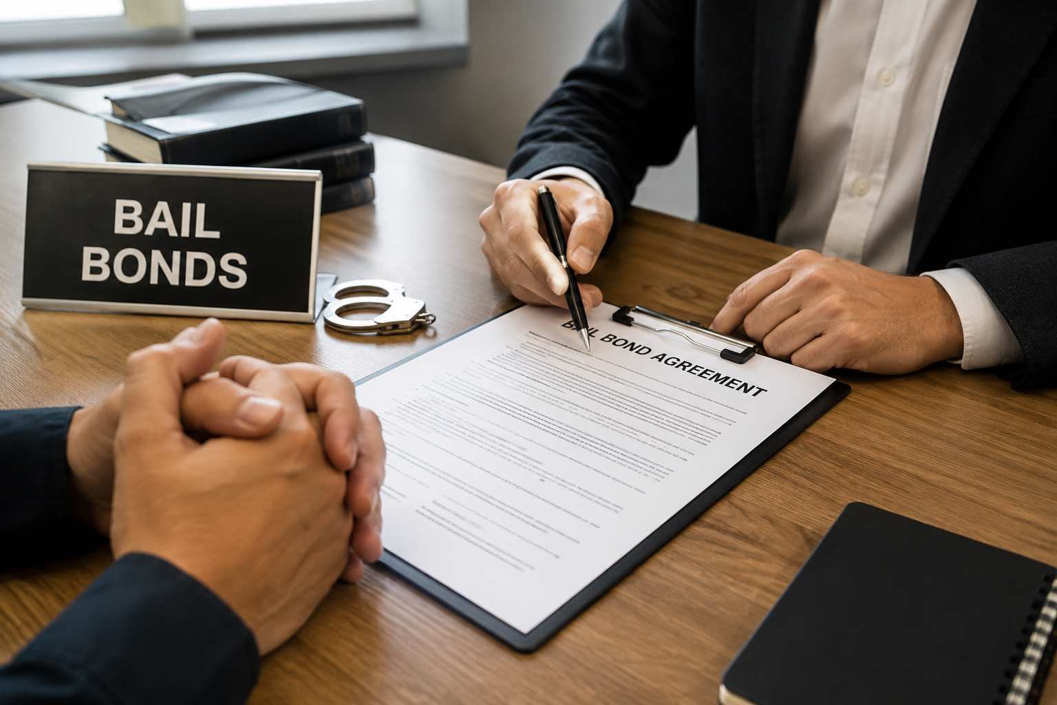Man signing bail bond agreement at desk