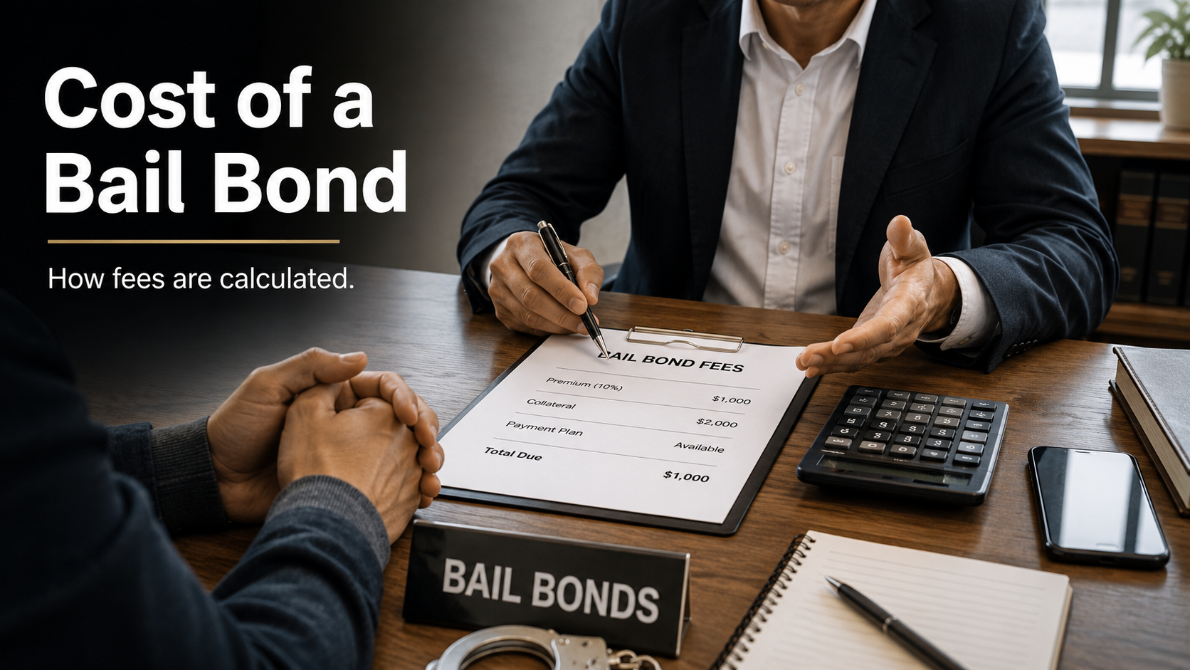 Bail bonds agent explaining fees at desk