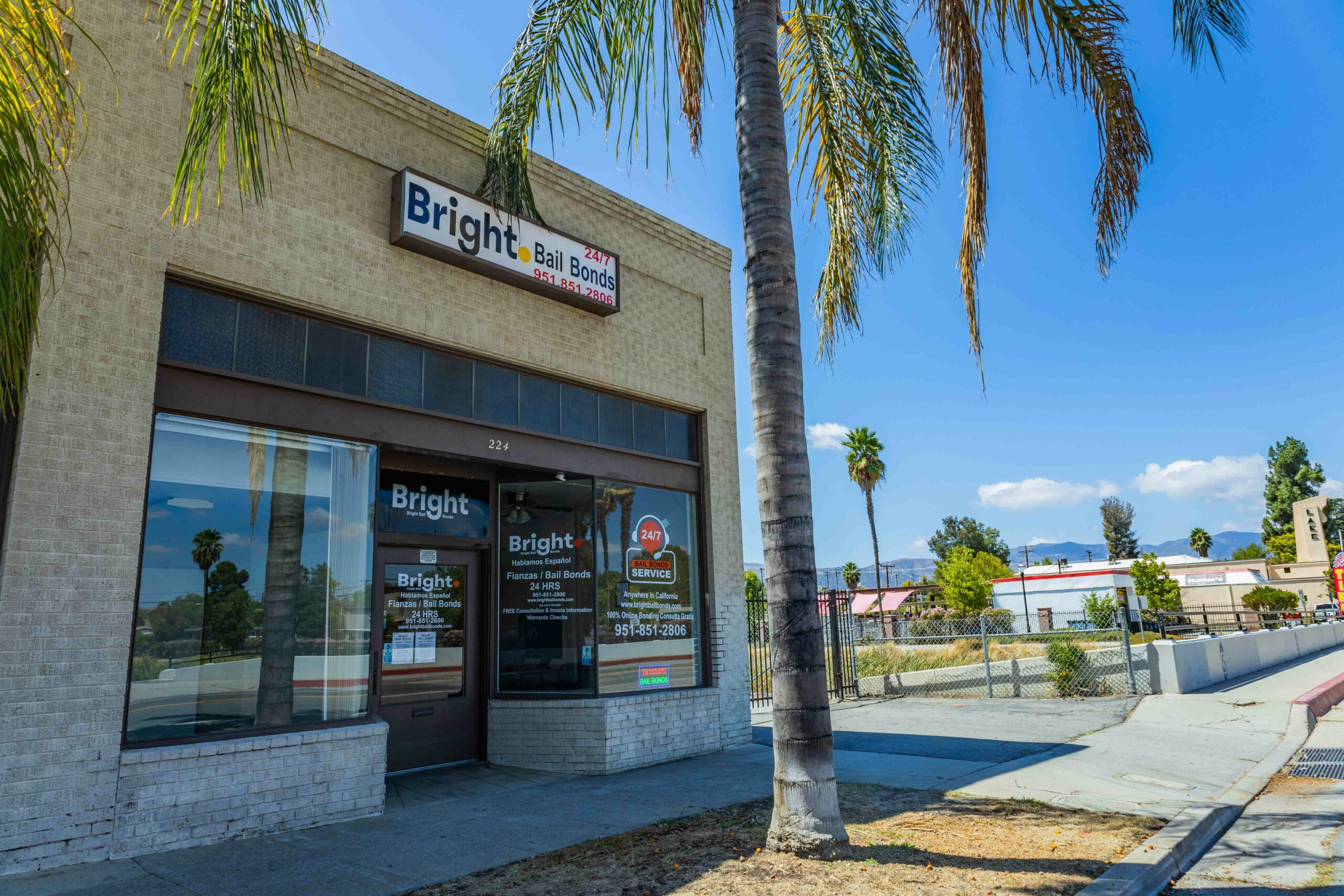 Bright Bail Bonds storefront with palm trees